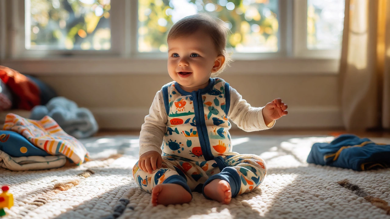 Toddler playing comfortably in bamboo top and cotton grow in sunlit room
